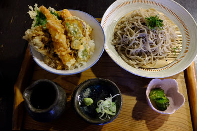 High angle view of meal served on table