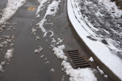 Road and pavement covered in thawing snow. road is partially cleared by cars