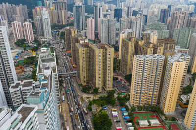 High angle view of modern buildings in city