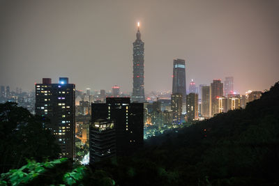 Illuminated buildings in city at night