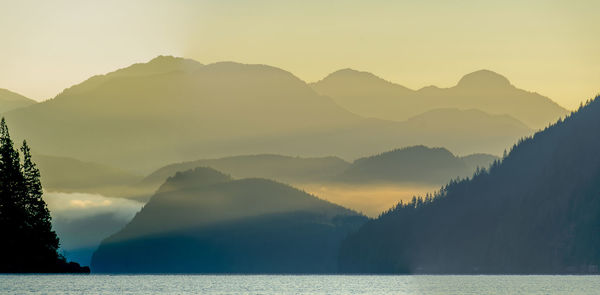 Scenic view of sea and mountains against sky during sunset