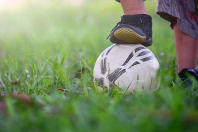 Low section of boy with ball standing on grassy field