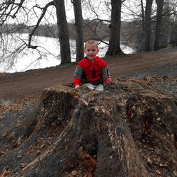 Portrait of boy on tree trunk