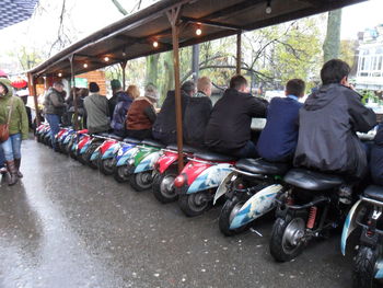 Rear view of man sitting in train