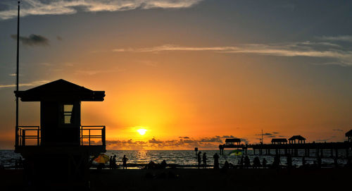 View of calm beach at sunset