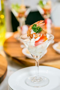 Close-up of dessert served on table