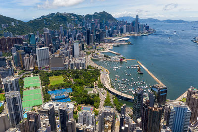 Aerial view of buildings by sea