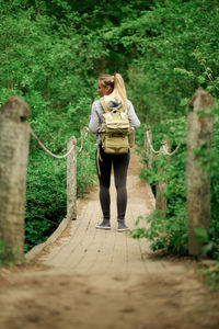 Rear view of young woman with backpack standing on boardwalk in forest