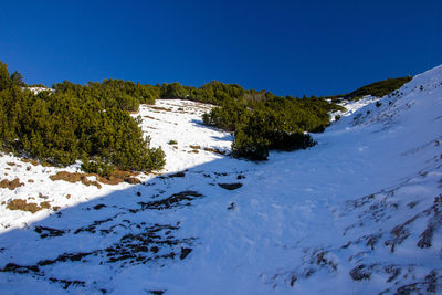 Scenic view of snowcapped mountains against clear blue sky