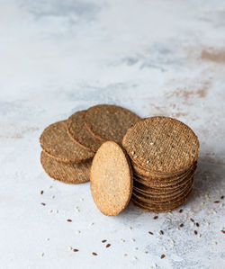 Close-up of stack on table