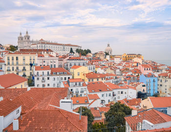 Lisbon panoramic view. colorful walls of the buildings of lisbon, with orange roofs 