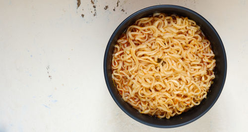 High angle view of noodles in bowl on table