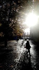 Silhouette man walking in water against sky