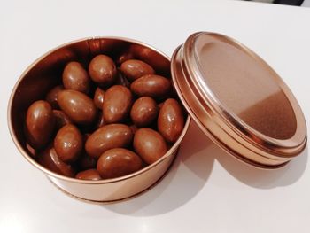 High angle view of eggs in bowl on table