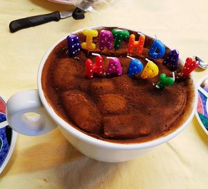 High angle view of dessert on table