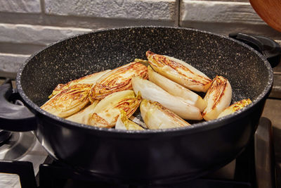 High angle view of food in cooking pan