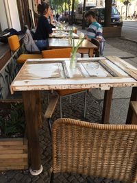 High angle view of people sitting at restaurant