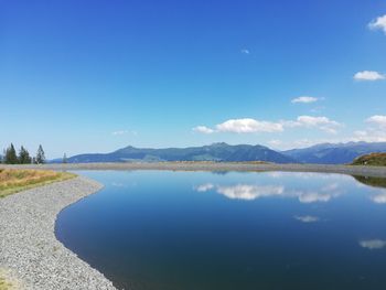 Scenic view of lake against blue sky