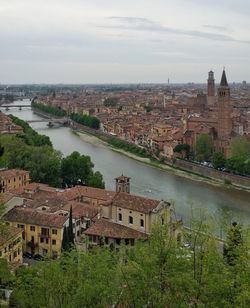 High angle view of river and cityscape against sky