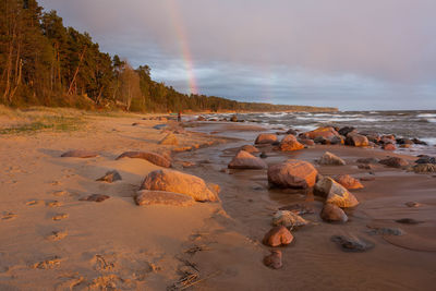 Rocks on beach against sky during sunset