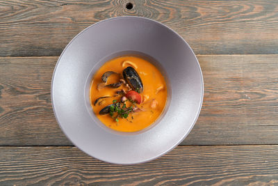 High angle view of soup in bowl on table