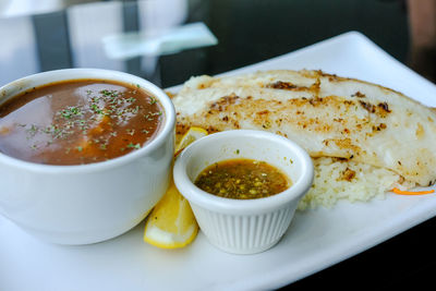 High angle view of breakfast served on table