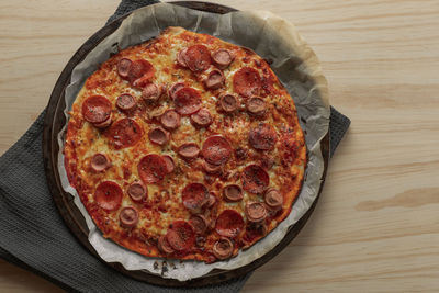 High angle view of pizza on table