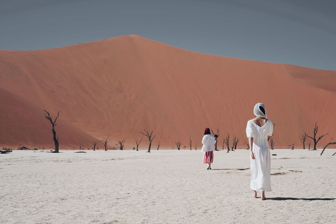 real people, land, desert, rear view, sand, scenics - nature, women, two people, landscape, men, sky, lifestyles, nature, walking, arid climate, people, togetherness, sand dune, adult, full length, climate, couple - relationship, positive emotion