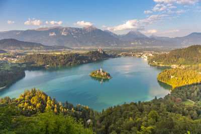 Scenic view of lake and mountains against sky