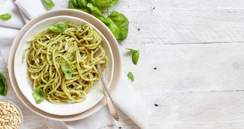 High angle view of pasta in bowl on table