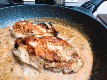 High angle view of meat in cooking pan