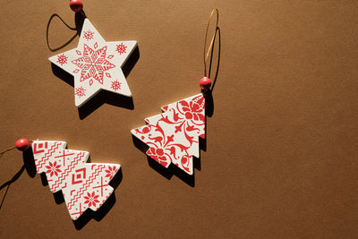 High angle view of christmas decorations on table