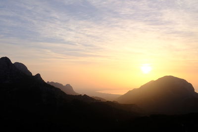 Scenic view of silhouette mountains against sky during sunset