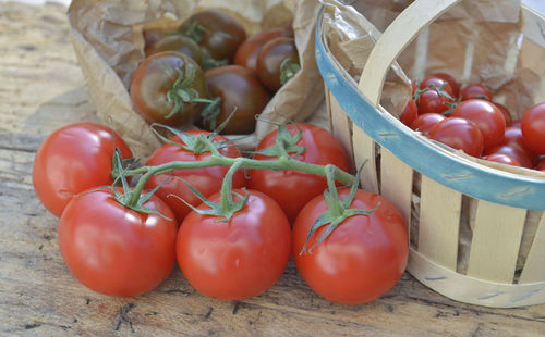 High angle view of tomatoes in basket on table