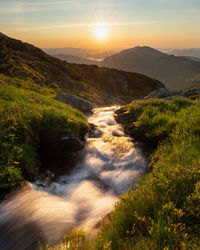 Scenic view of river amidst mountains against sky during sunrise in rodnei mountains 