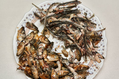 High angle view of fish on plate