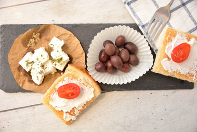 High angle view of breakfast on table