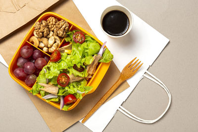 High angle view of food in plate on table