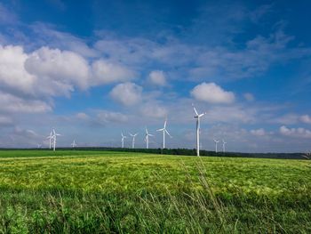 Windmills on field against sky