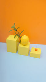 Still life photography of lemon fruits on orange background