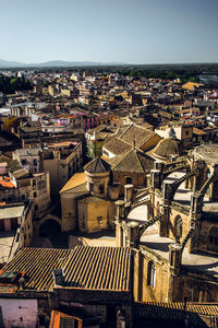High angle shot of townscape against clear sky