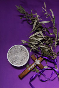 High angle view of objects on table