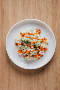 High angle view of food in plate on table