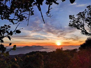 Scenic view of silhouette landscape against orange sky