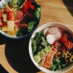 High angle view of chopped fruits in bowl on table