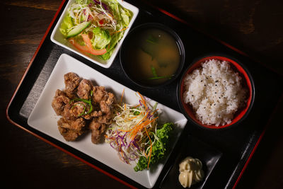 High angle view of meal served on table