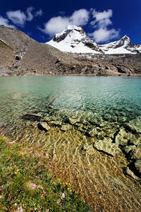 Scenic view of snowcapped mountains by river