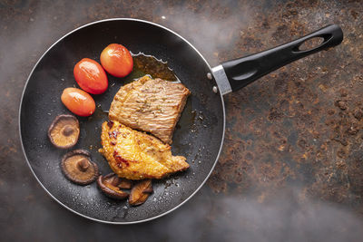 High angle view of breakfast on table