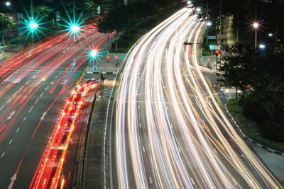 High angle view of light trails on city street