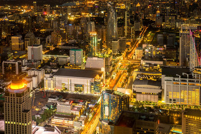 High angle view of city buildings at night